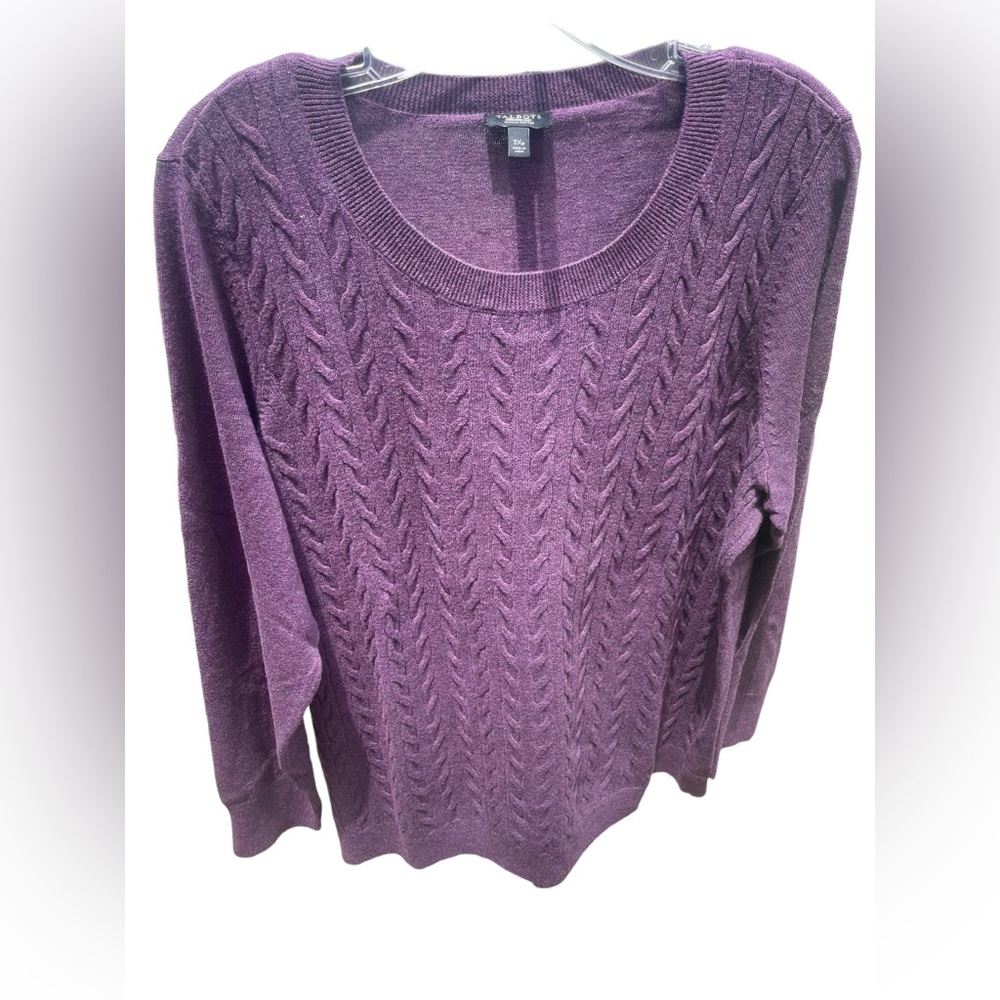 Talbots purple Cable knit crew Neck Sweater‎ 3/4 length sleeve
